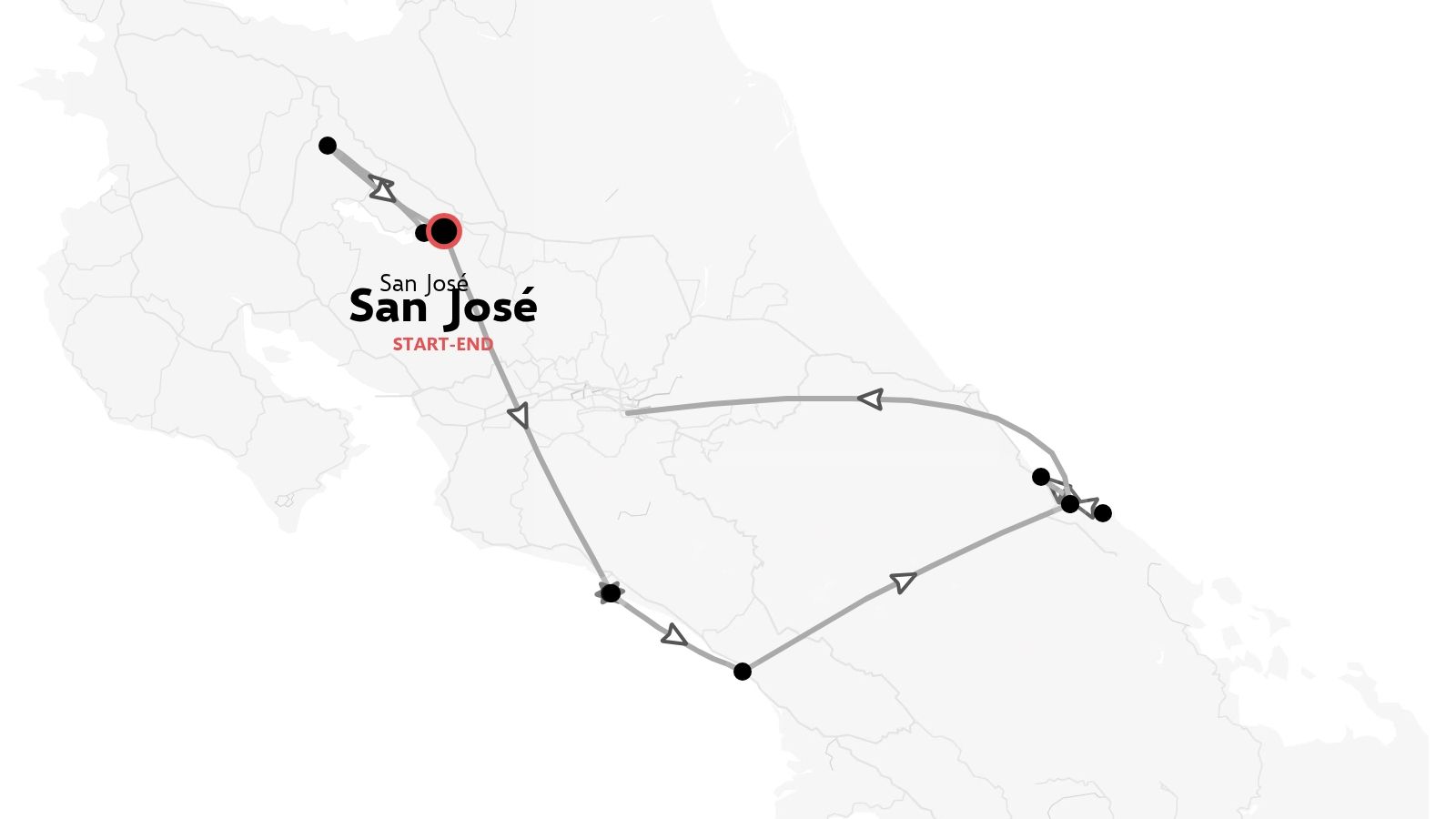 Une carte d'itinéraire de voyage montrant une boucle d'itinéraire commençant et se terminant à San José avec des emplacements de points de repère marqués
