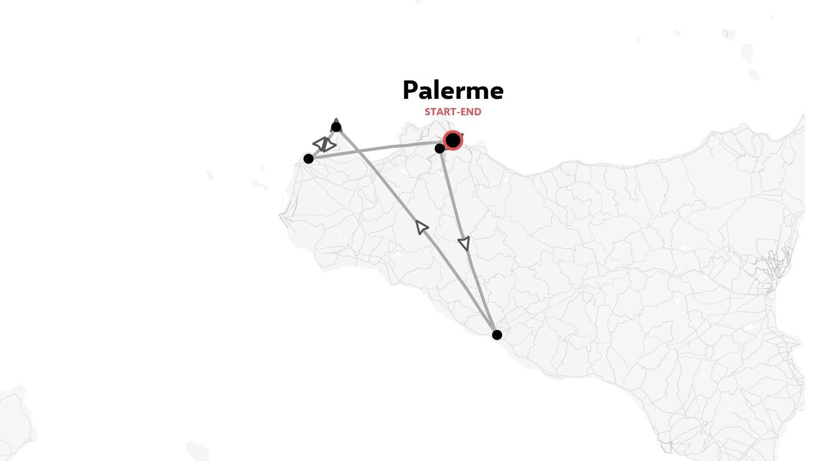 Carte de l'itinéraire de voyage de l'ouest de la Sicile décrivant un parcours commençant et se terminant à Palerme.