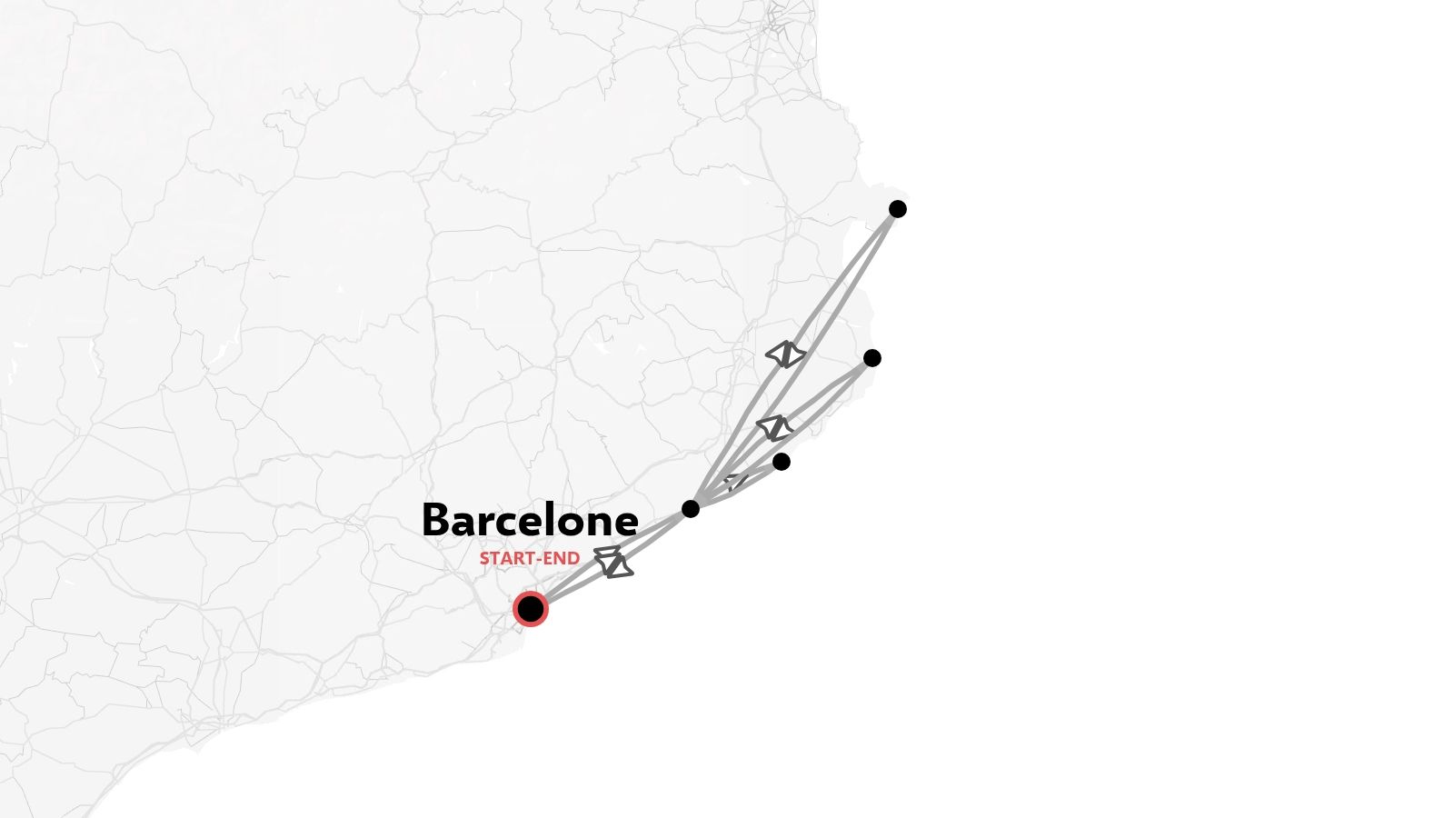 Un itinéraire de voyage le long de la côte au départ et à l'arrivée de Barcelone.