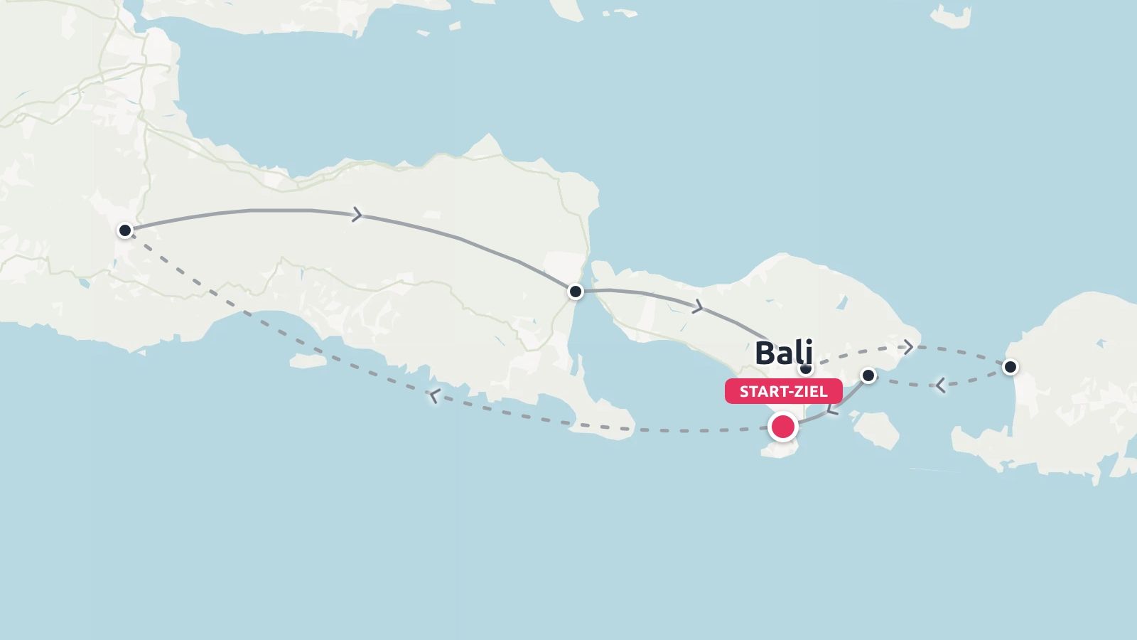 Eine Reiseroutenkarte, die eine Rundreise zeigt, die in Bali beginnt und endet und über benachbarte indonesische Inseln führt.