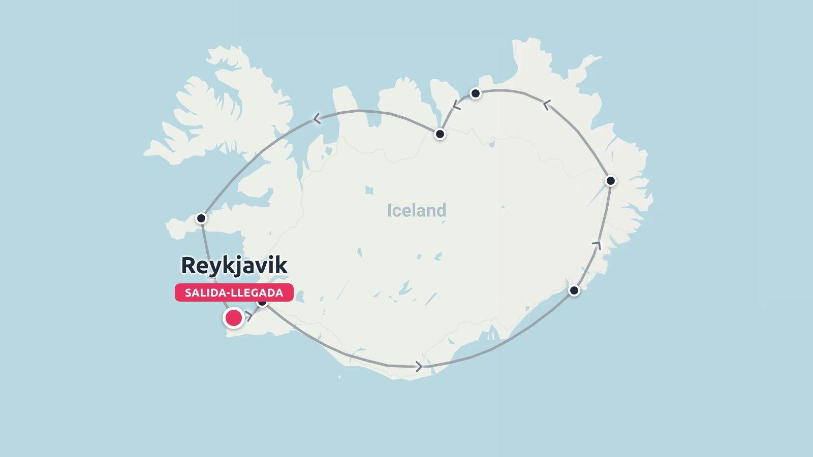 Un mapa de viaje de Islandia que muestra una ruta circular que empieza y termina en Reikiavik con paradas marcadas a lo largo del camino