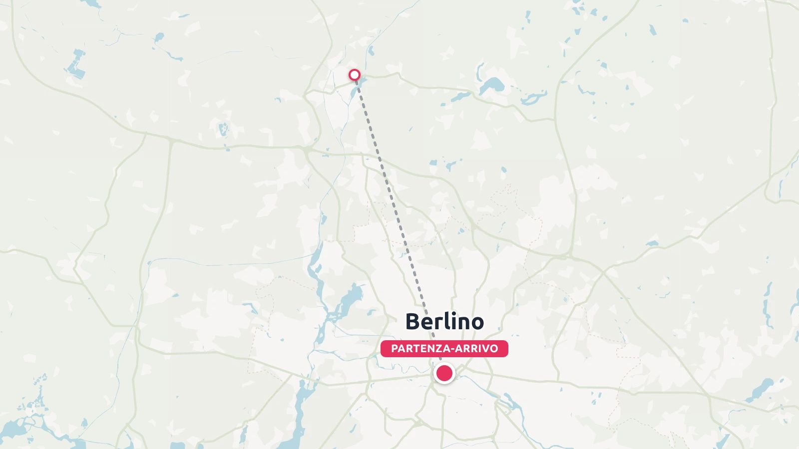 Una mappa di un itinerario di viaggio che mostra Berlino contrassegnata come luogo di partenza e di arrivo con un percorso tratteggiato.