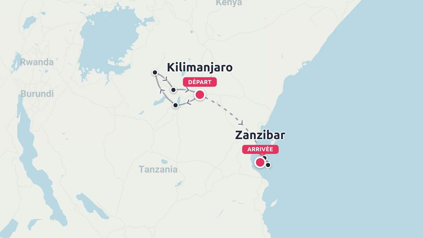 Carte de l'itinéraire de voyage en Tanzanie montrant un parcours commençant au Kilimandjaro et se terminant à Zanzibar.
