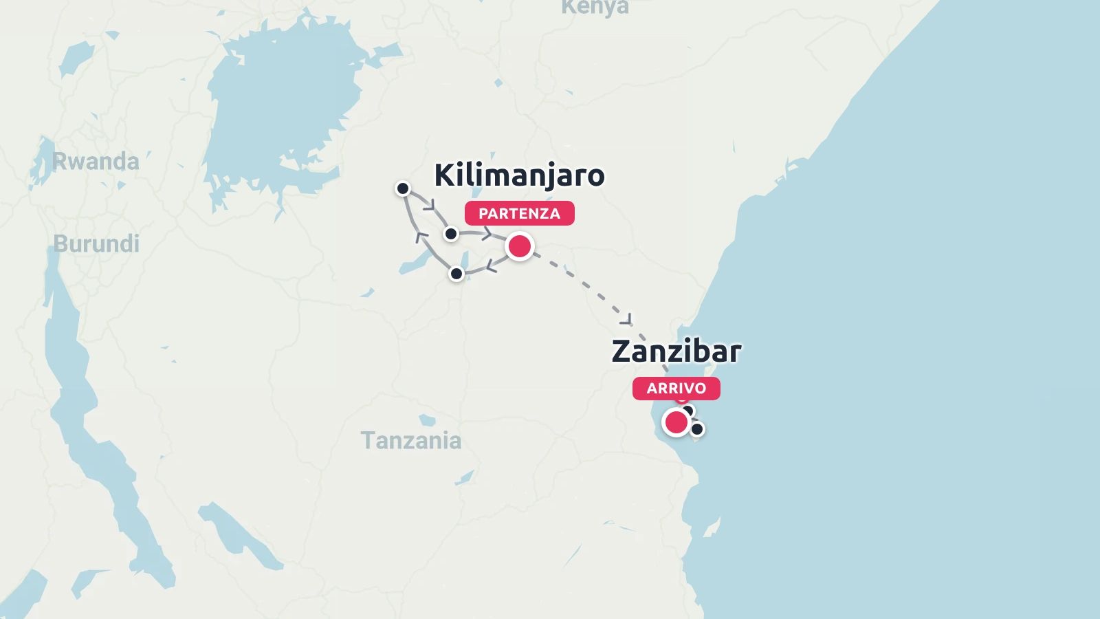 Una mappa del percorso di viaggio in Tanzania che mostra un itinerario con partenza dal Kilimangiaro e arrivo a Zanzibar.