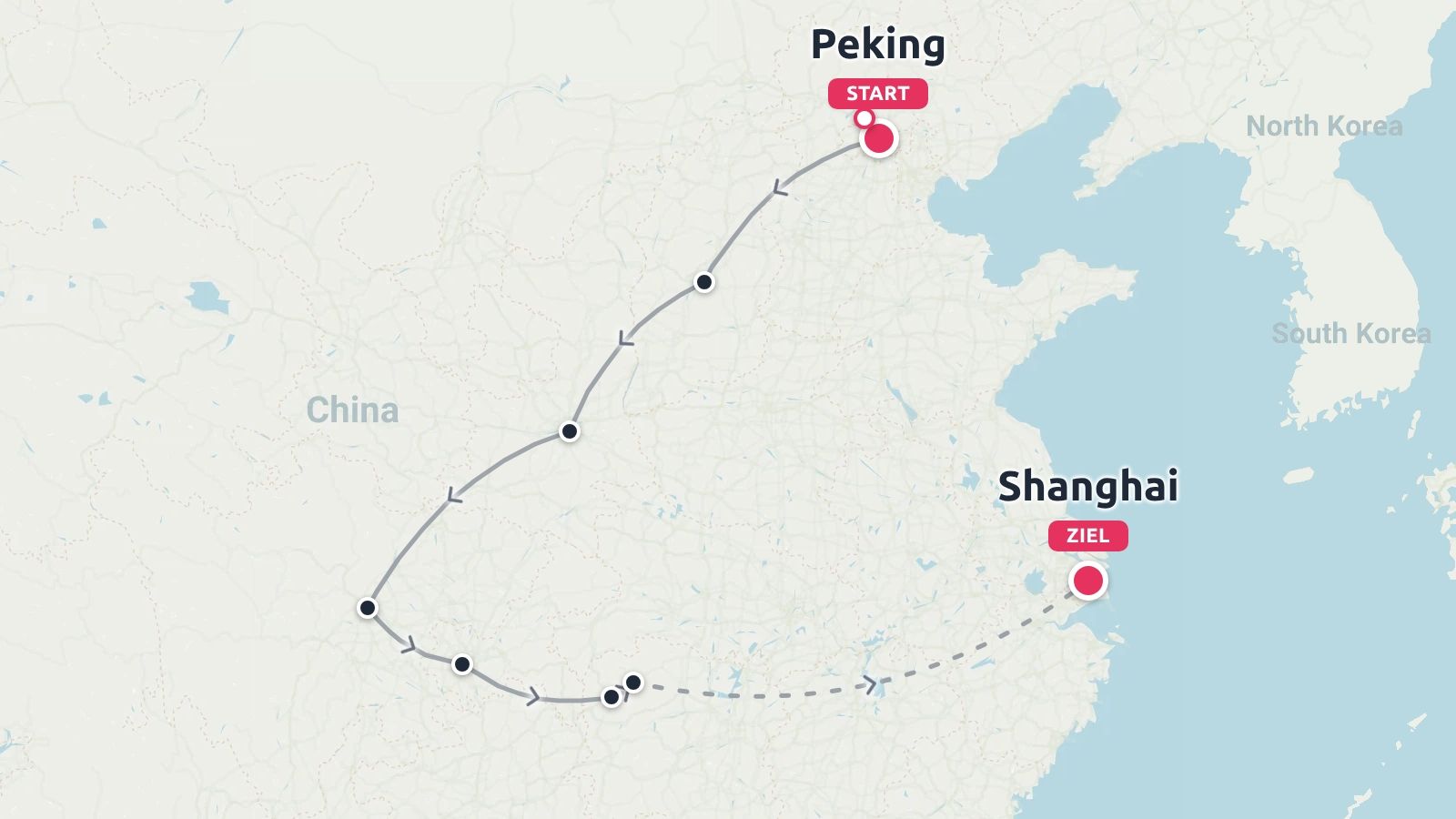 Eine Reiseroute durch China mit Start in Peking und Ziel in Shanghai