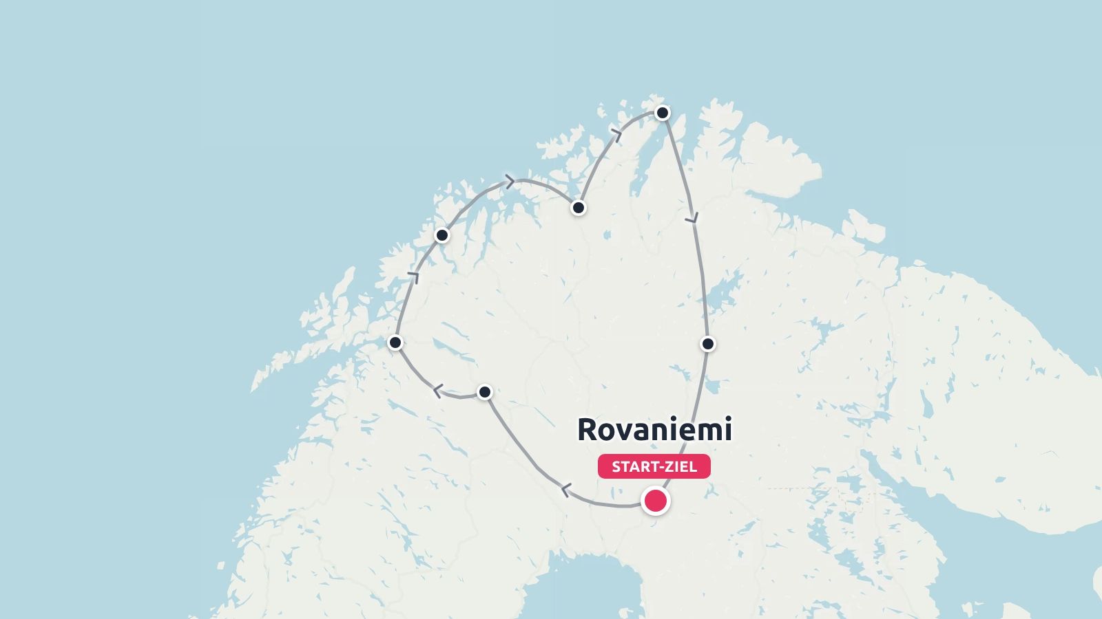 Reiseroute, die eine Rundreise im nördlichen Skandinavien zeigt, die in Rovaniemi beginnt und endet.