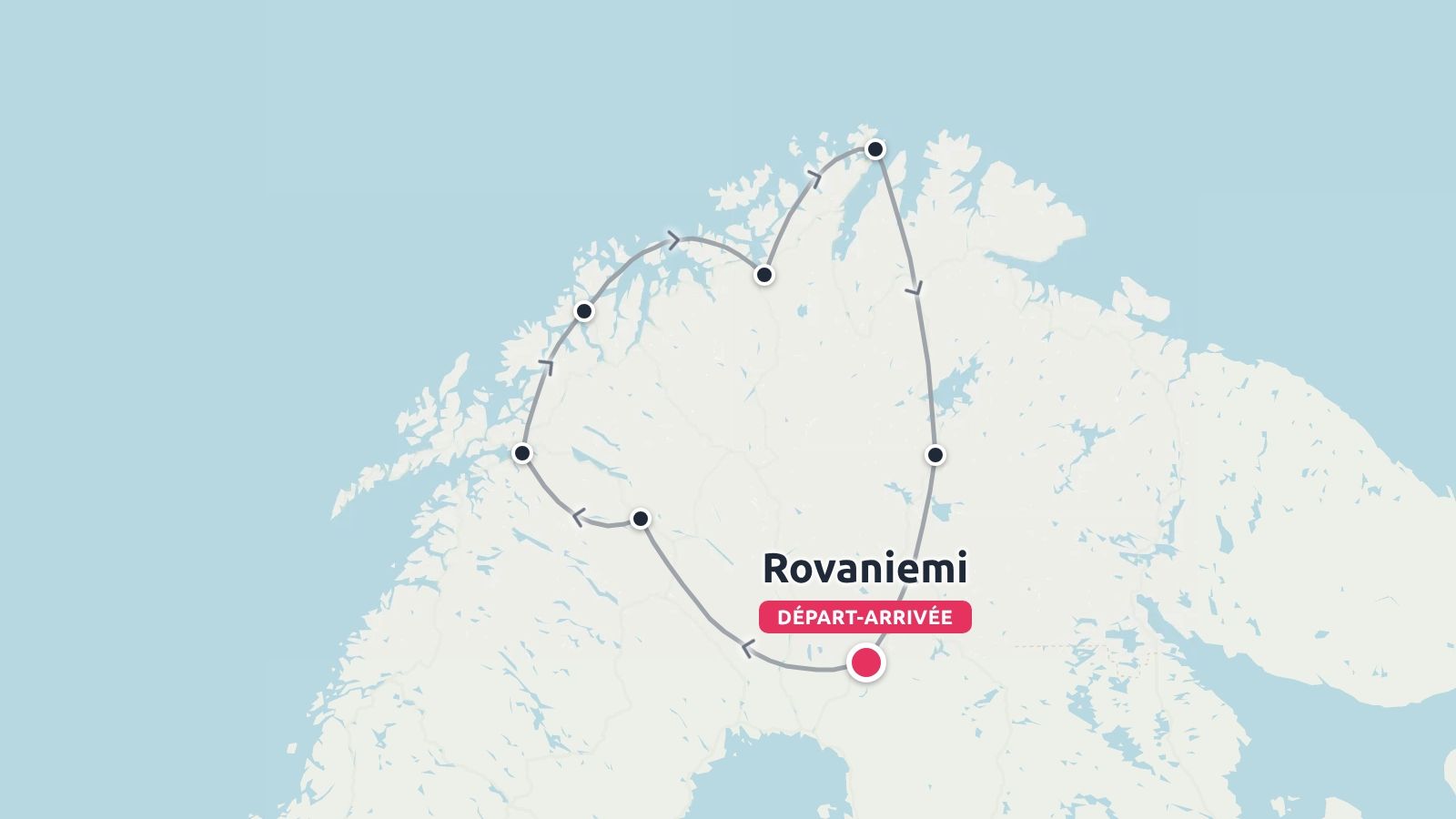 Un itineraire de voyage en boucle a travers le nord de la Scandinavie, au depart et a l'arrivee de Rovaniemi.