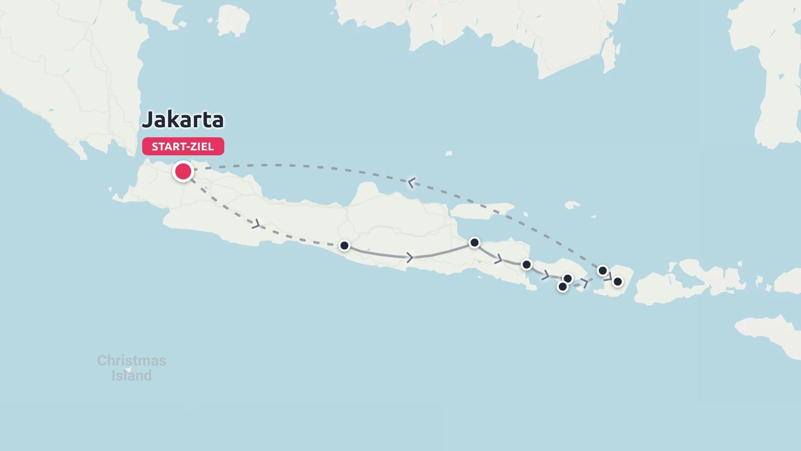 Reiseroute quer durch Java, Indonesien, mit Start und Ende in Jakarta sowie Zwischenstopps entlang der Insel.