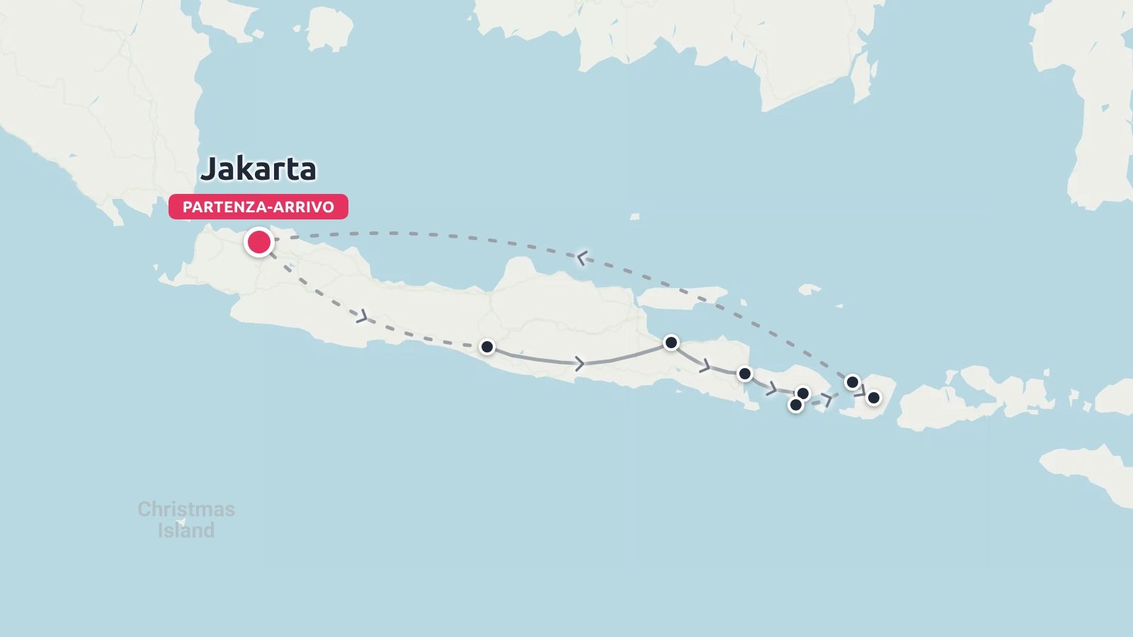 Mappa dell'itinerario di viaggio attraverso l'isola di Java che mostra un percorso circolare con partenza e arrivo a Giacarta.