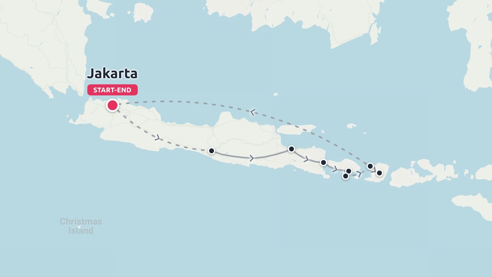 Travel route map of Java, Indonesia, showing an itinerary starting and ending in Jakarta with multiple stops.
