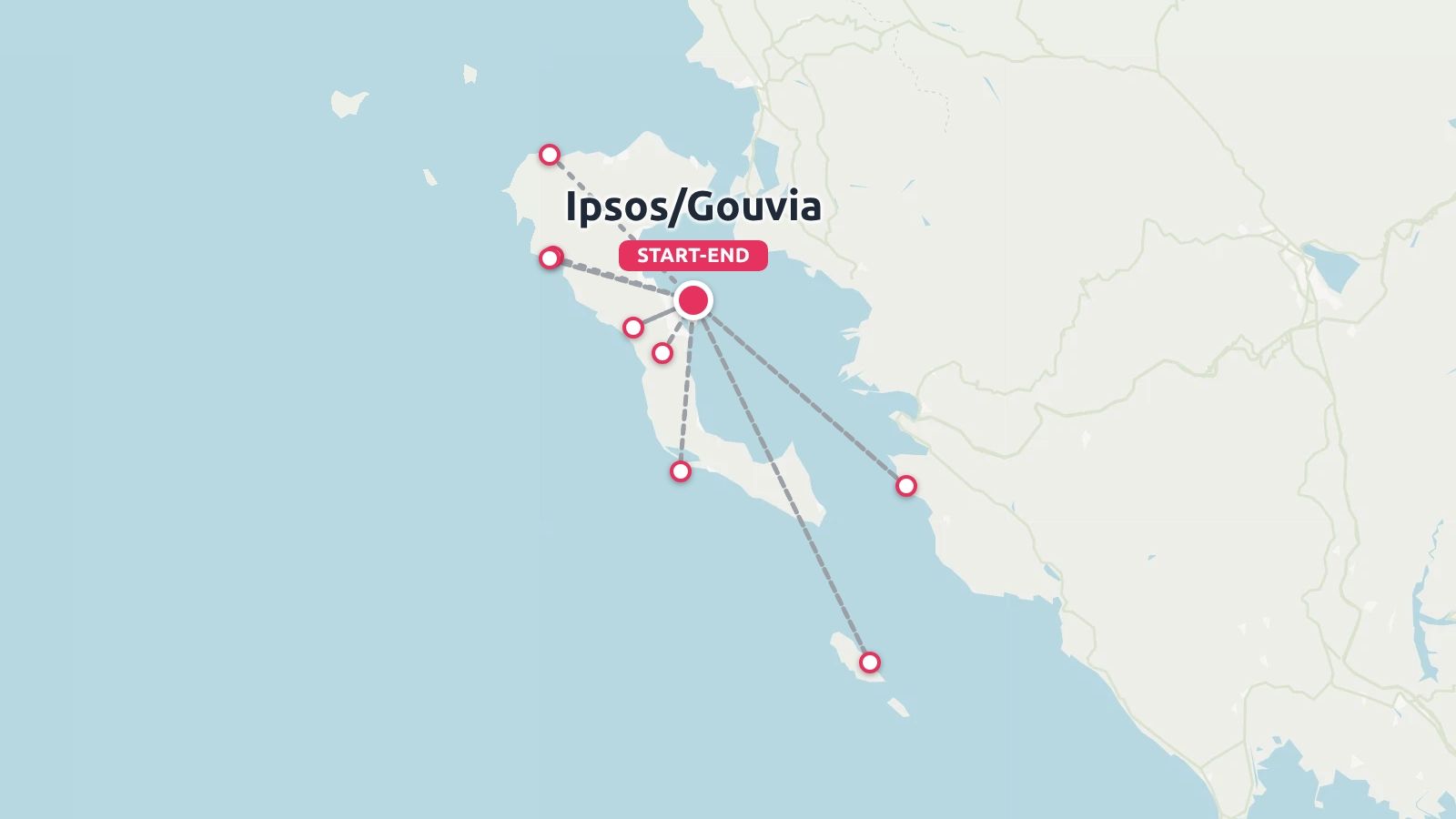 A travel map showing an itinerary with route lines starting and ending at Ipsos/Gouvia.