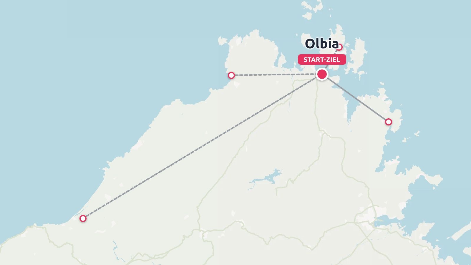 Reiseroute mit Routenverbindungen, die in Olbia beginnt und endet, quer durch ein Küstengebiet.