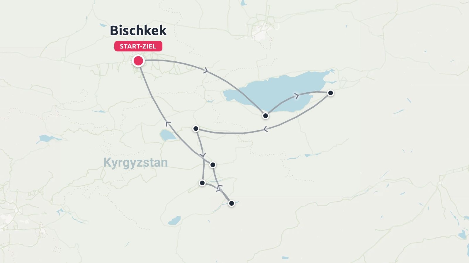 Reiseroute von Kirgistan mit einer Rundreise, die in Bischkek beginnt und endet.