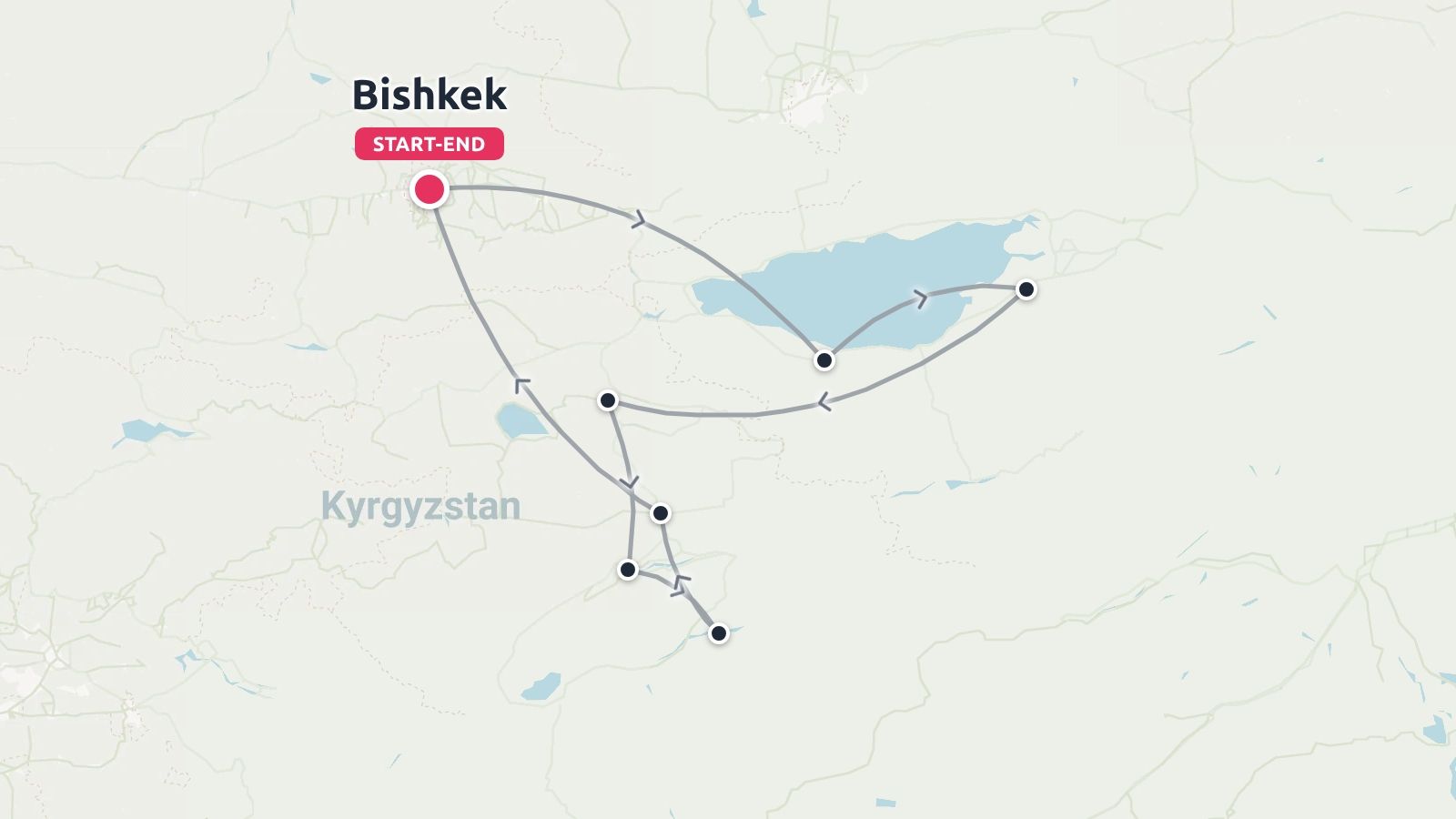 A travel route map of Kyrgyzstan showing a circular itinerary starting and ending in Bishkek.