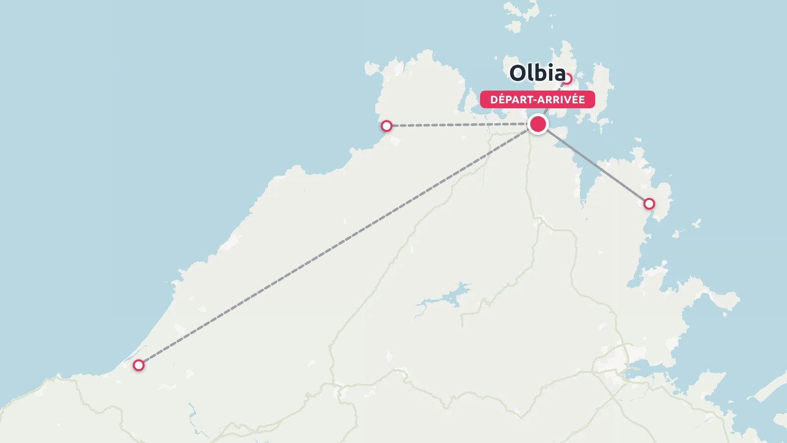 Une carte d'itinéraire de voyage montrant un parcours commençant et se terminant à Olbia, avec des arrêts reliés par des lignes pointillées.