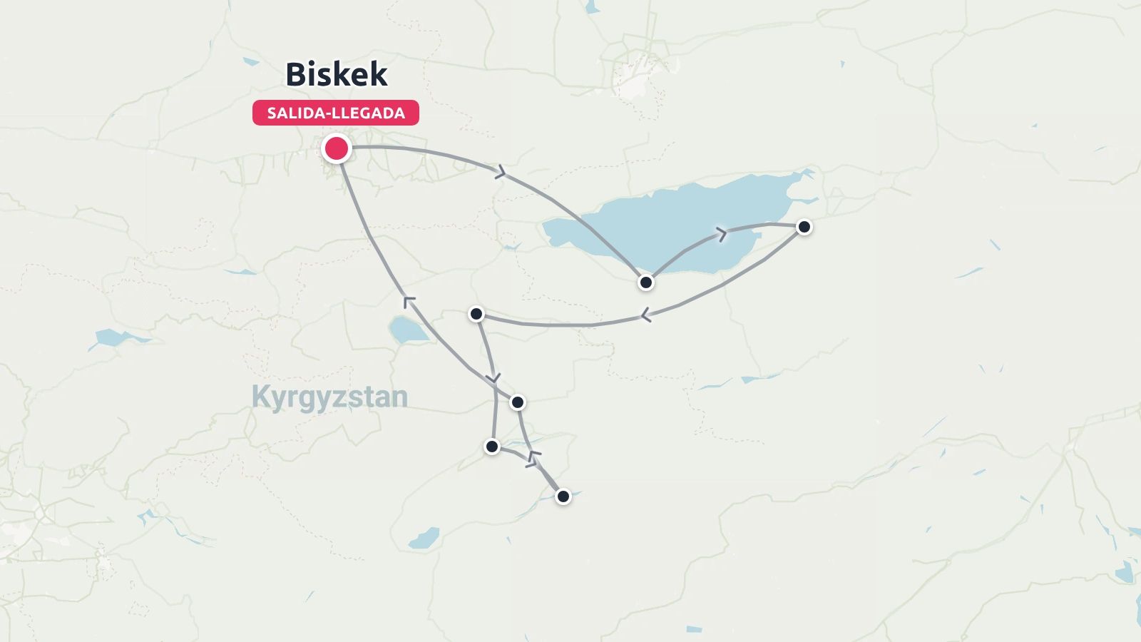 Mapa de la ruta de viaje de Kirguistán que muestra un itinerario circular que empieza y termina en Biskek.