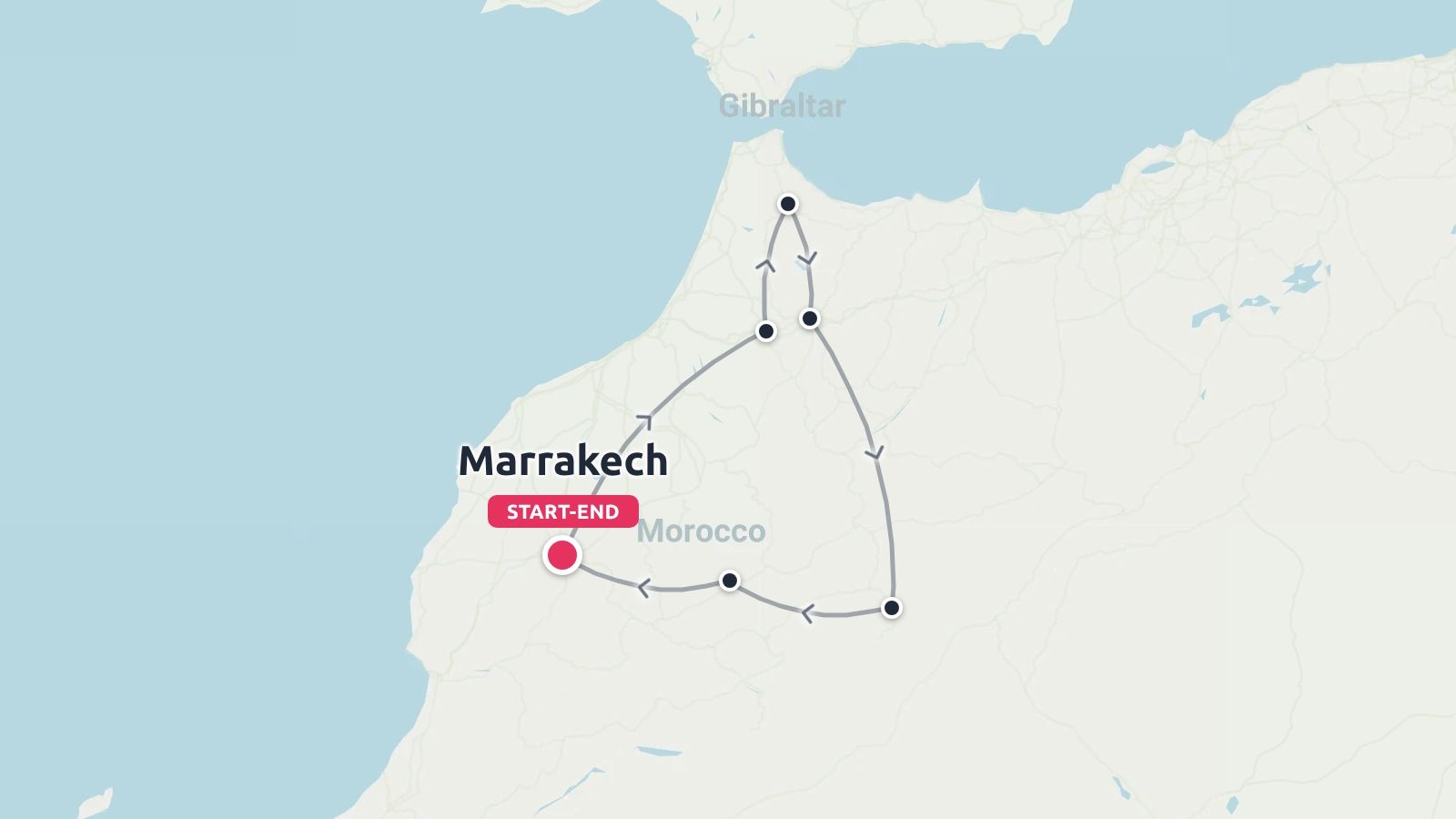A map showing a circular travel route across Morocco, starting and ending in Marrakech.