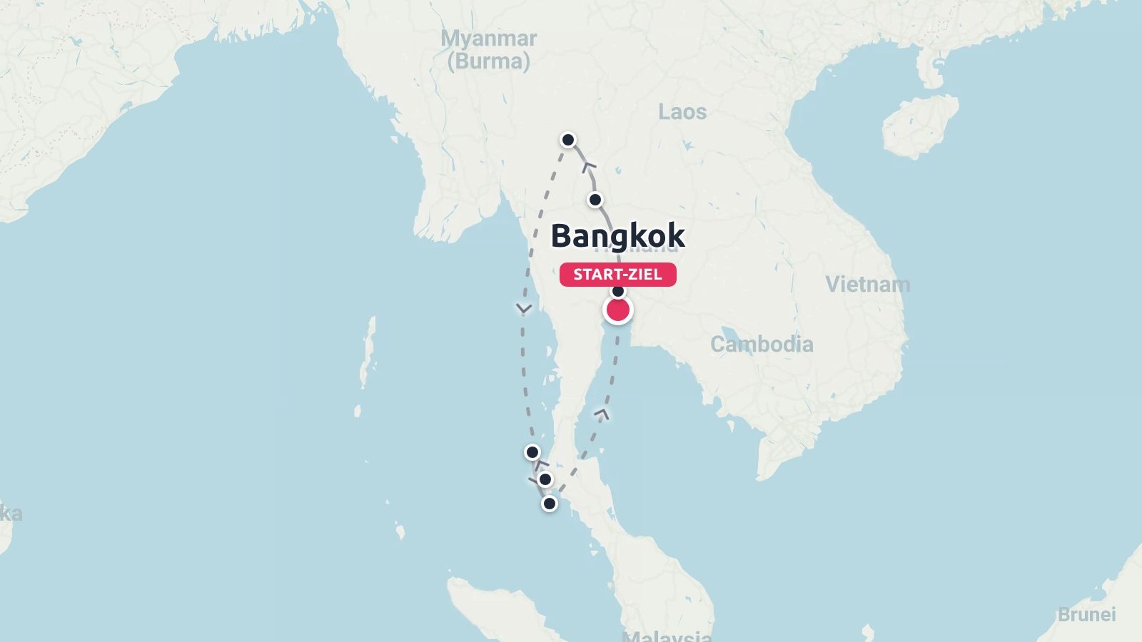 Eine Reiseroute durch Thailand mit Start und Ende in Bangkok und mehreren markierten Stopps