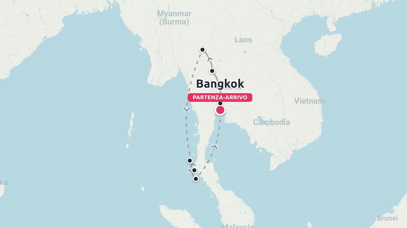 Una mappa di viaggio della Thailandia che mostra un itinerario con partenza e arrivo a Bangkok e destinazioni segnate.