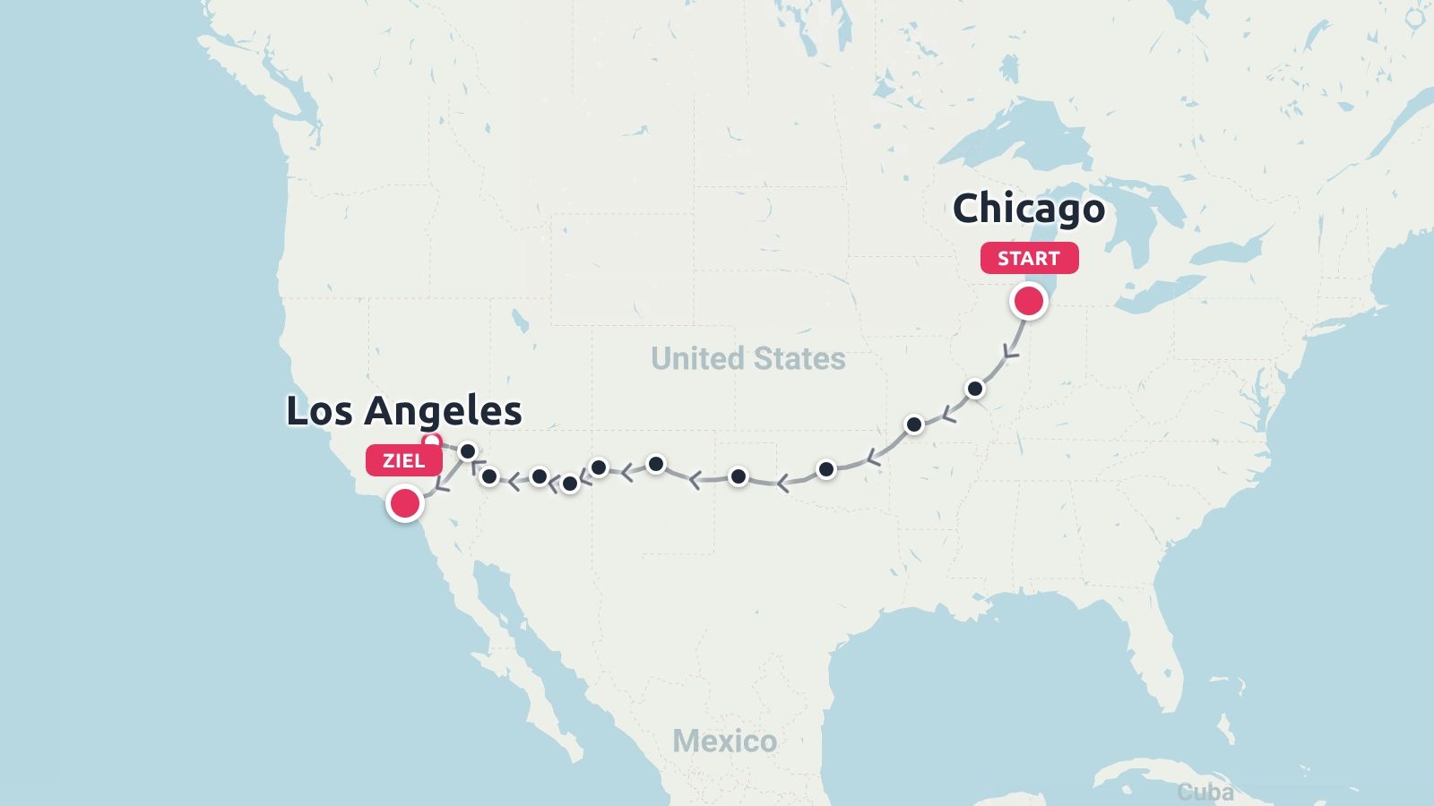 Karte der Vereinigten Staaten mit einer Reiseroute von Chicago nach Los Angeles