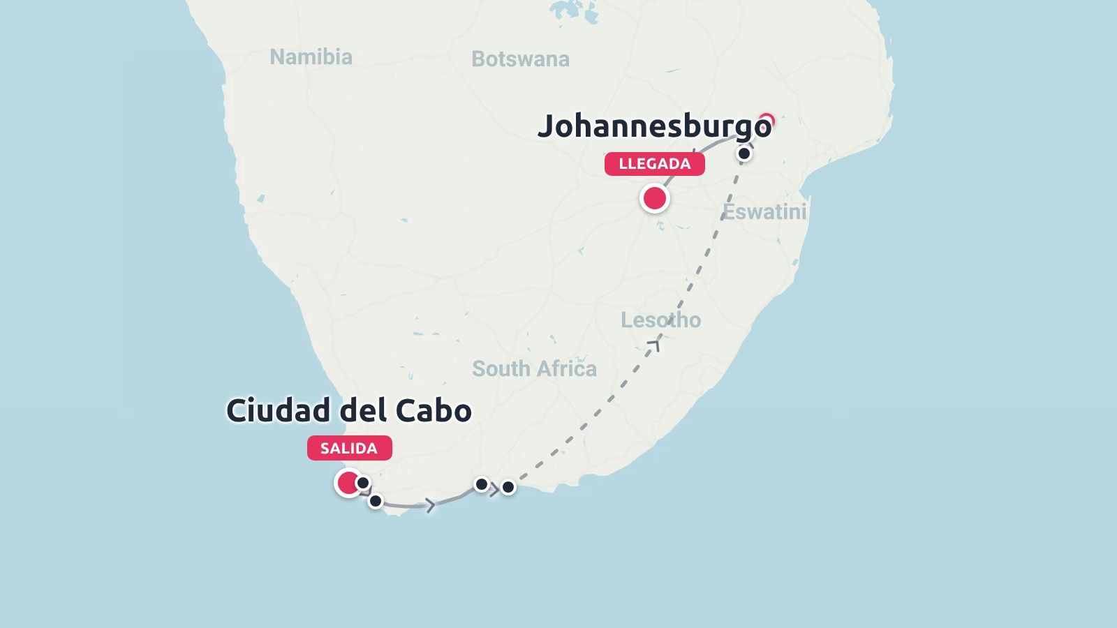 Un mapa de ruta de viaje por Sudáfrica que muestra un camino desde Ciudad del Cabo hasta Johannesburgo.