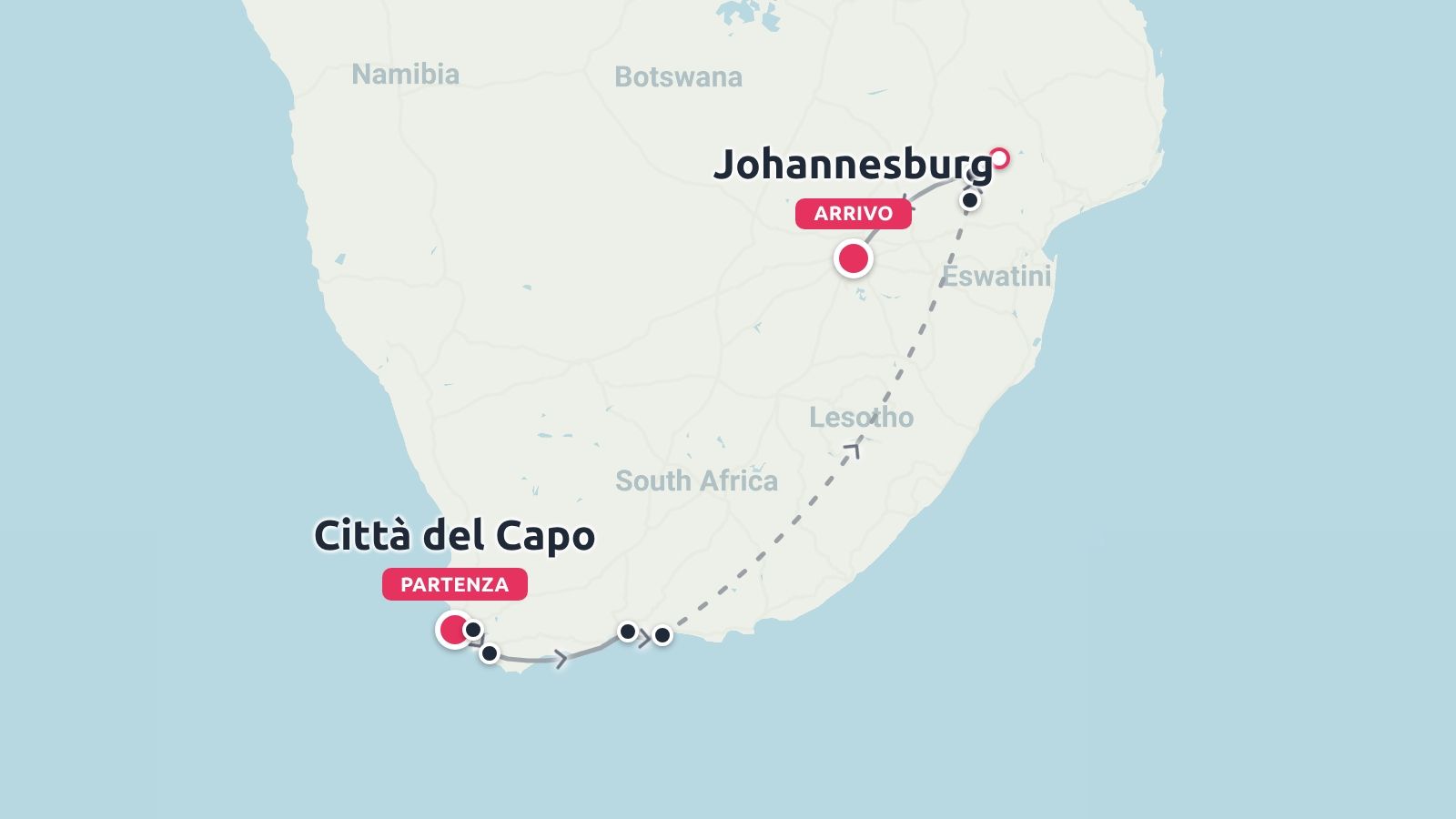 Un itinerario di viaggio in Sudafrica con partenza da Città del Capo e arrivo a Johannesburg.