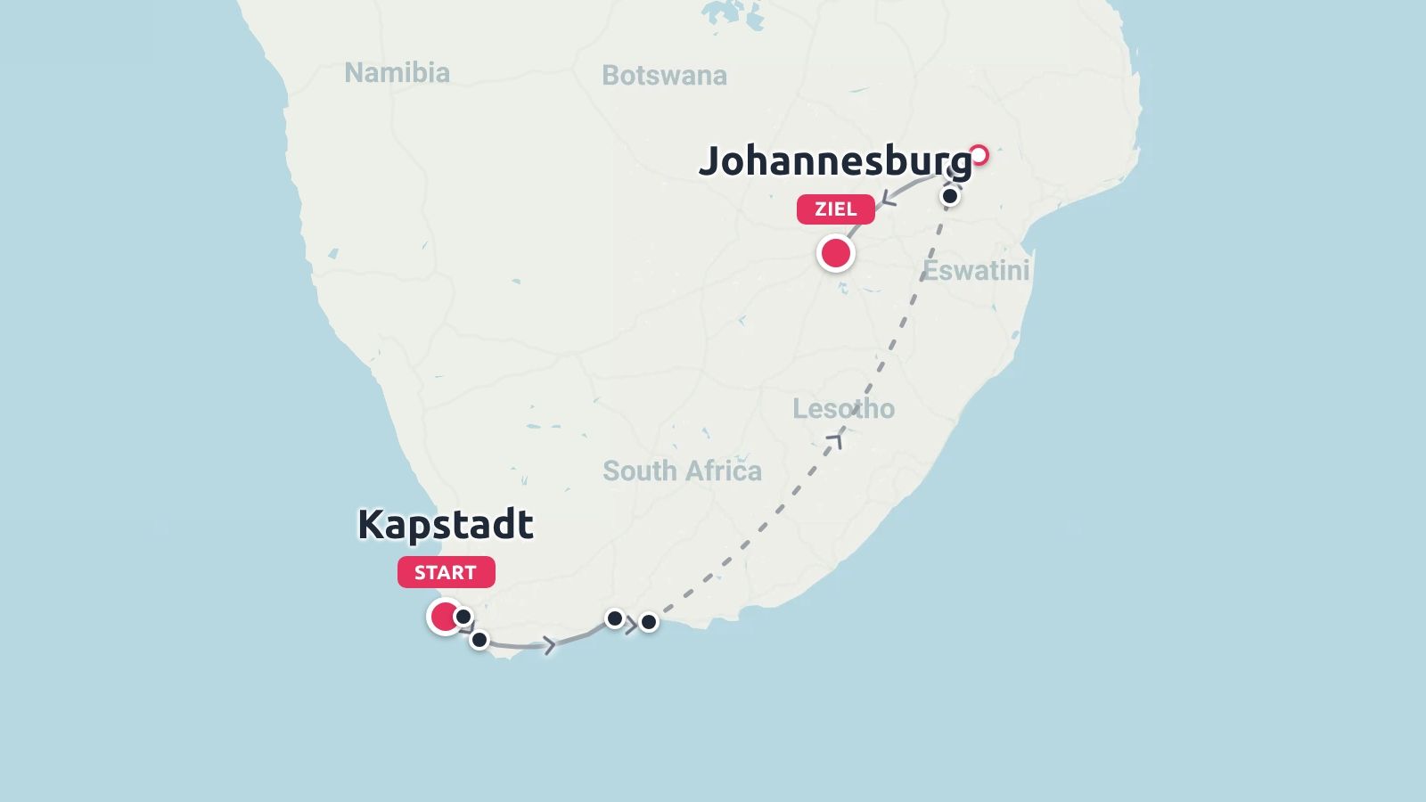 Reiseroute durch Südafrika von Kapstadt nach Johannesburg
