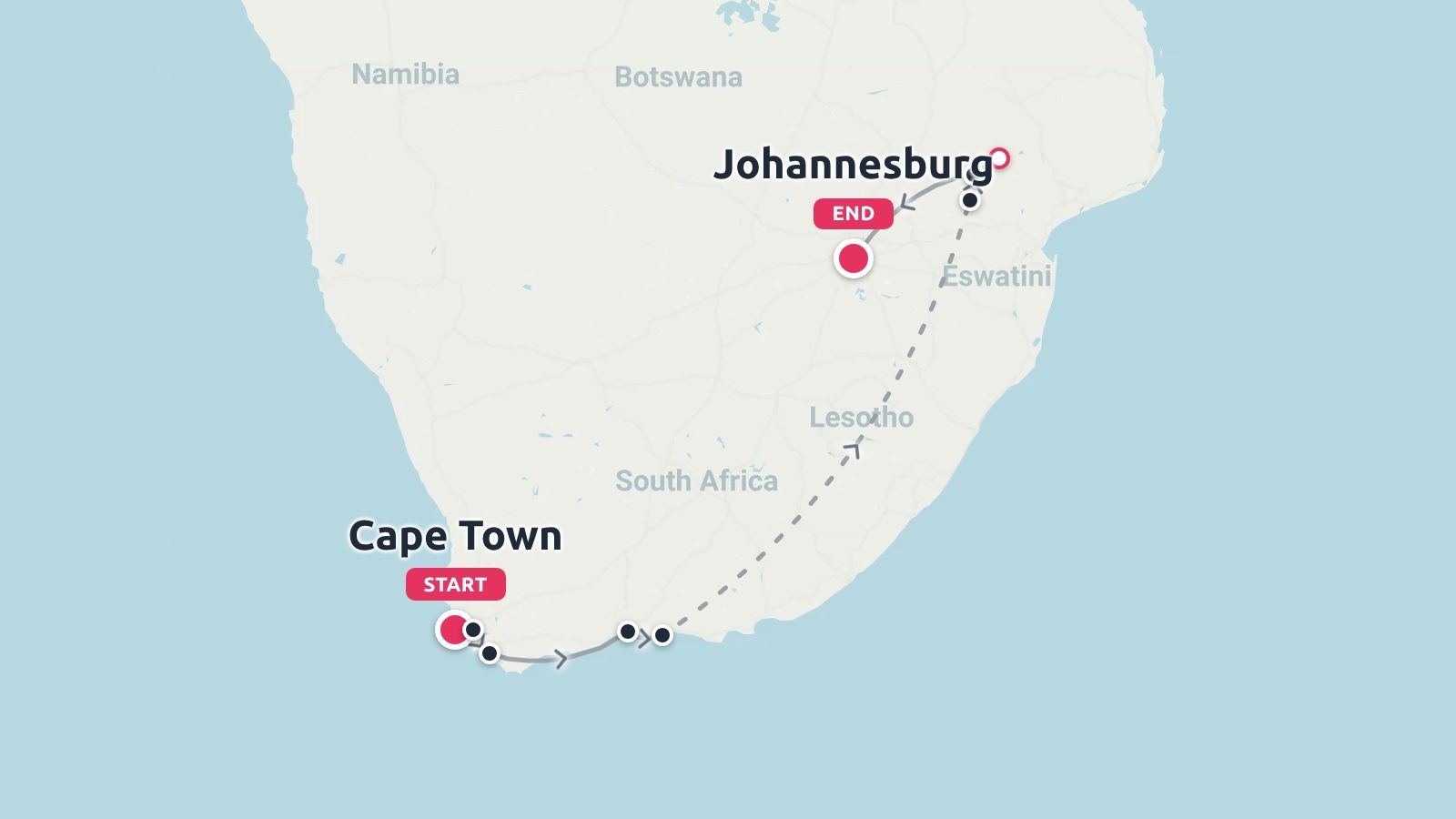 Travel route map of South Africa outlining an itinerary starting in Cape Town and ending in Johannesburg.