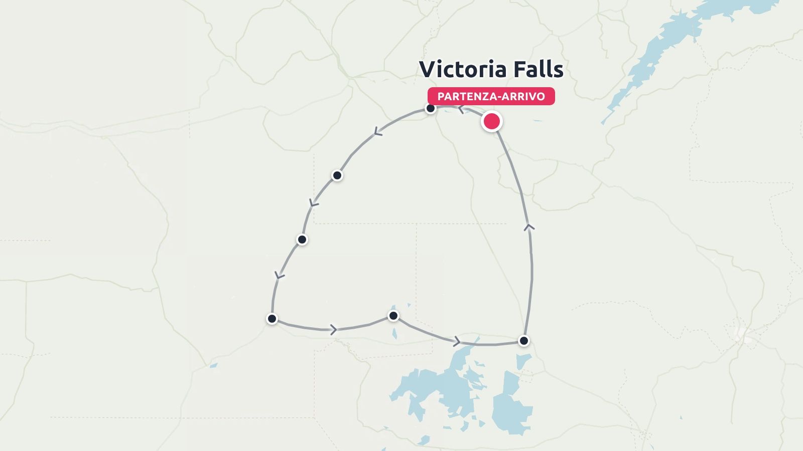 Una mappa di viaggio che mostra un itinerario ad anello con partenza e arrivo alle cascate Vittoria e diverse fermate segnalate.