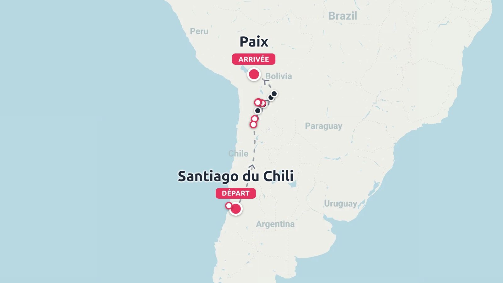 Une carte d'itinéraire de voyage en Amérique du Sud montrant un trajet de Santiago du Chili au Chili jusqu'à La Paz en Bolivie.