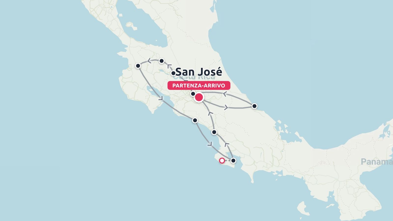 Una mappa dell'itinerario di viaggio in Costa Rica che mostra un percorso a piu tappe con partenza e arrivo a San Jose
