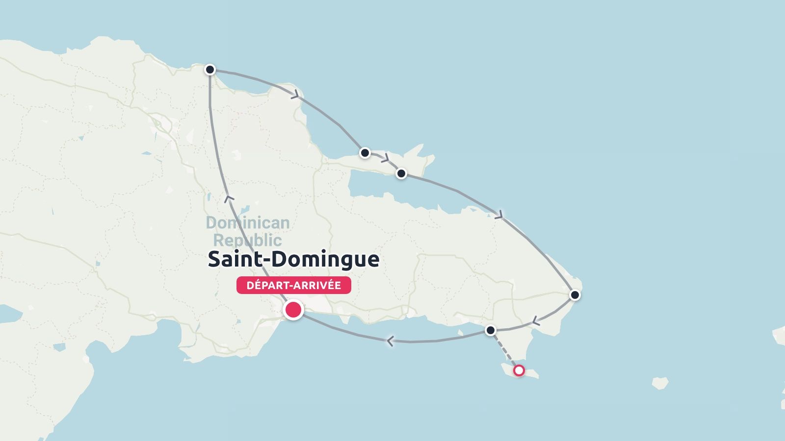 Un itineraire de voyage en Republique Dominicaine au depart et a l'arrivee de Saint-Domingue avec des etapes le long de la cote.