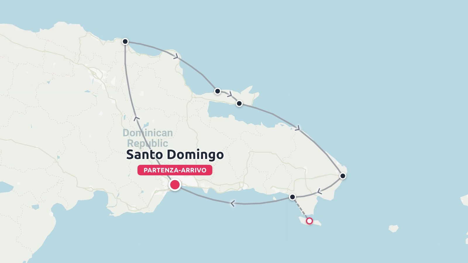 Una mappa dell'itinerario di viaggio della Repubblica Dominicana che mostra un percorso ad anello con partenza e arrivo a Santo Domingo