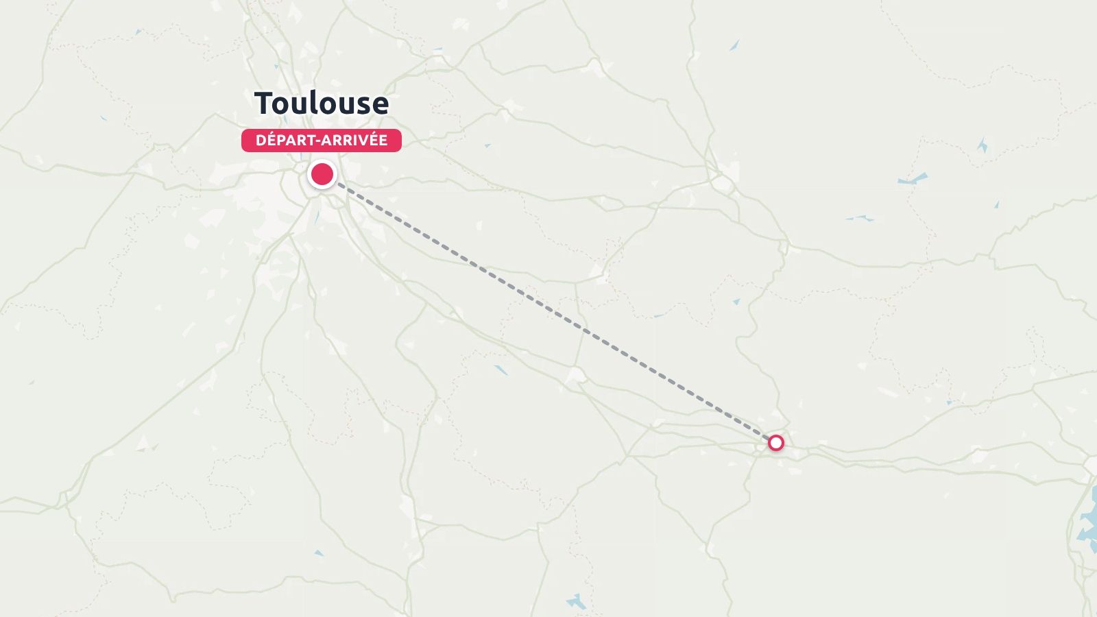 Un itinéraire de voyage montrant une ligne pointillée reliant Toulouse, marquée comme départ-arrivée, vers une destination au sud-est.