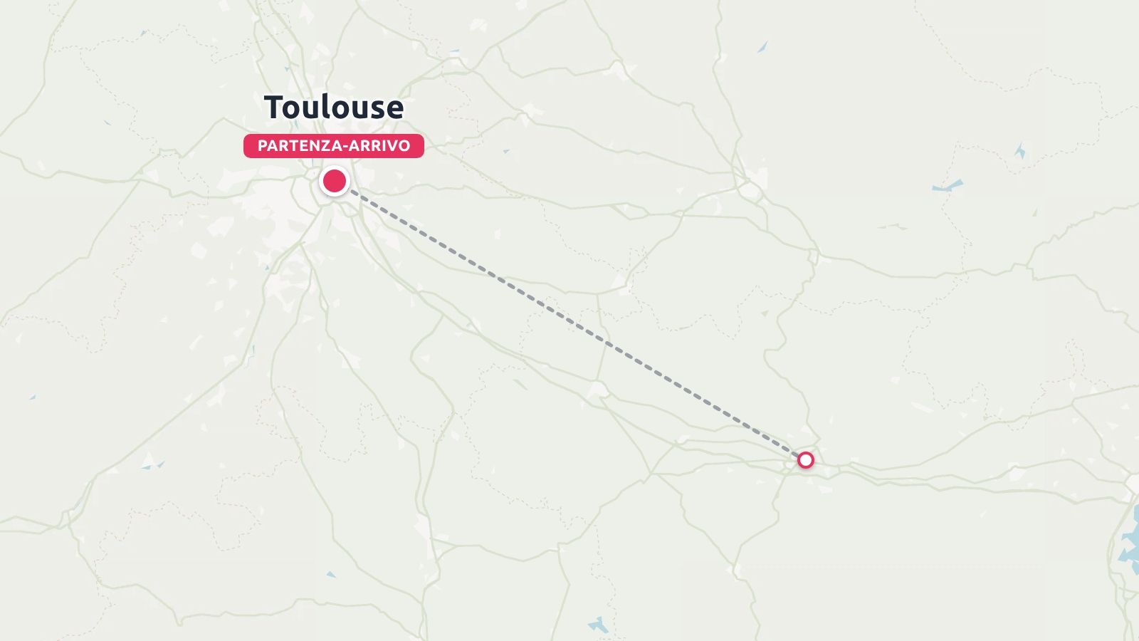 Mappa dell'itinerario di viaggio che mostra un percorso tratteggiato che inizia e finisce a Tolosa contrassegnato da uno spillo rosso.