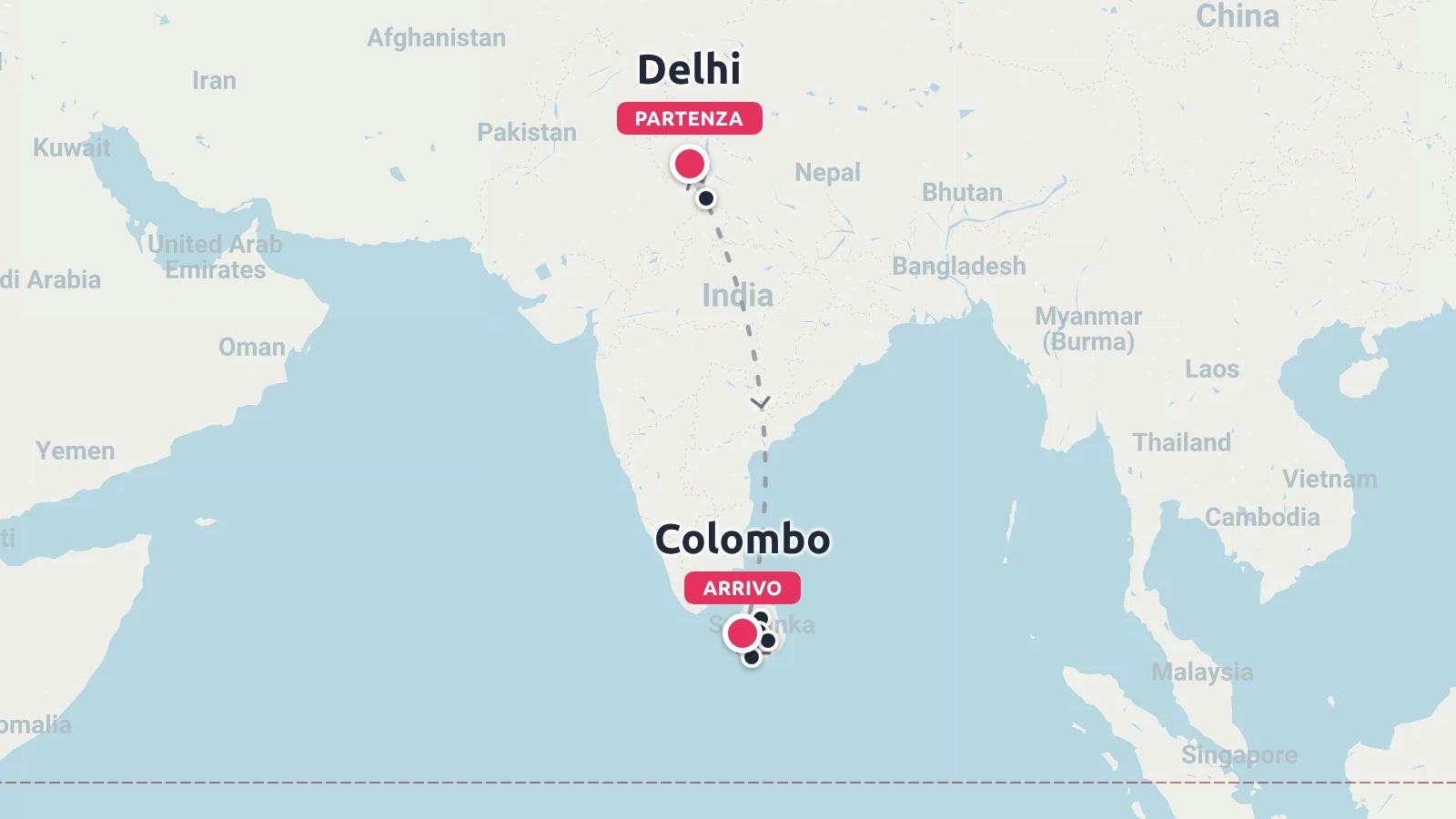 Mappa dell'itinerario di viaggio con partenza da Delhi, in India, e arrivo a Colombo, in Sri Lanka