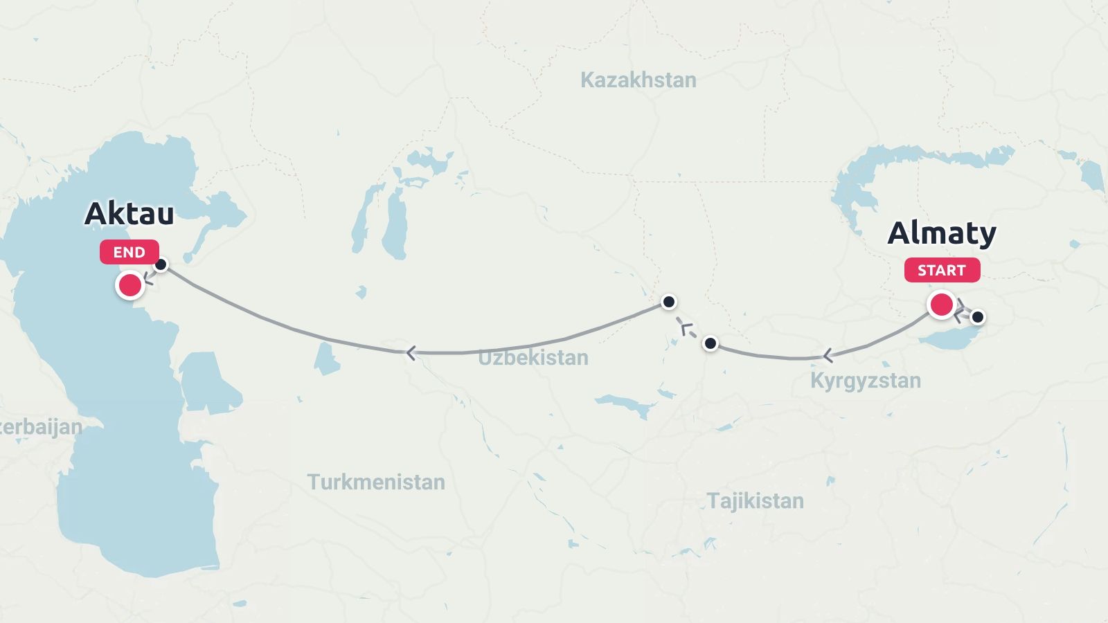 A travel route map showing a path starting in Almaty and ending in Aktau across Kazakhstan.