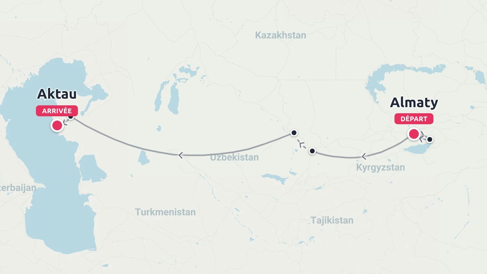 Une carte d'itinéraire de voyage montrant un trajet partant d'Almaty et arrivant à Aktau à travers l'Asie centrale.