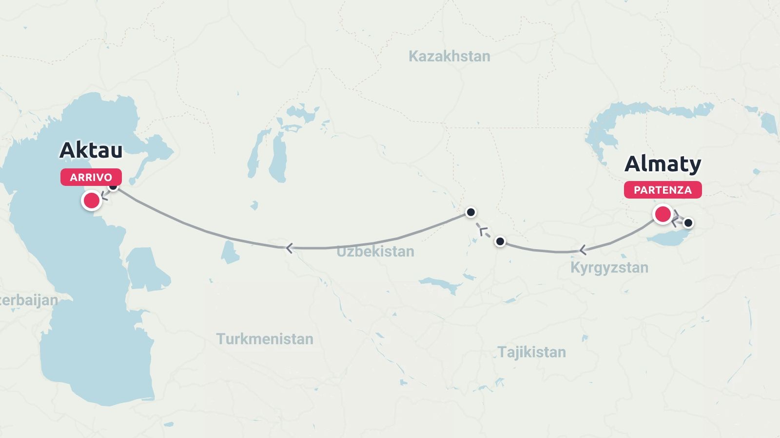 Mappa dell'itinerario di viaggio in Asia Centrale con un viaggio che inizia ad Almaty e termina ad Aktau, in Kazakistan.