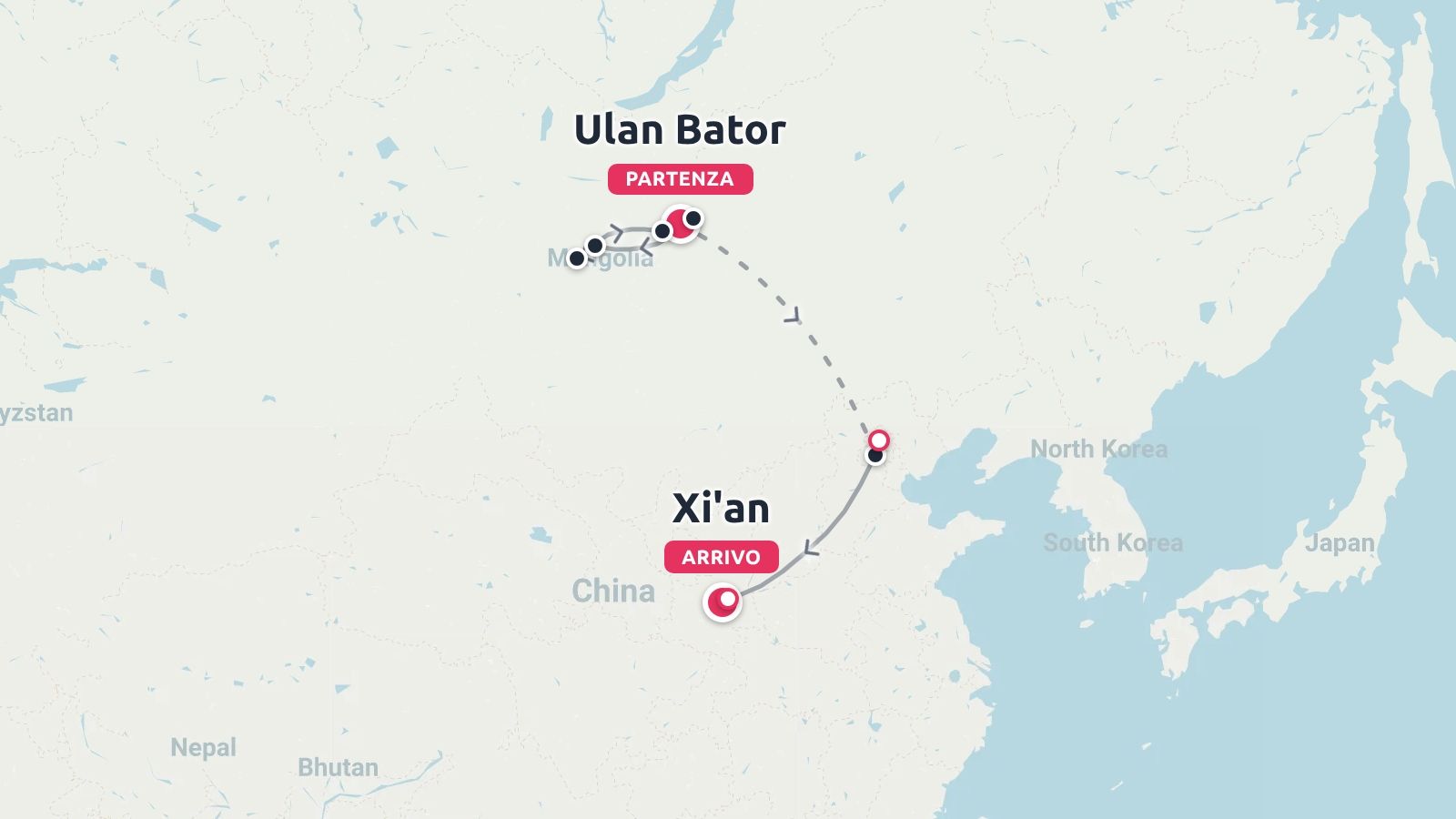 Una mappa dell'itinerario di viaggio che mostra un viaggio che inizia a Ulan Bator, in Mongolia, e termina a Xi'an, in Cina.