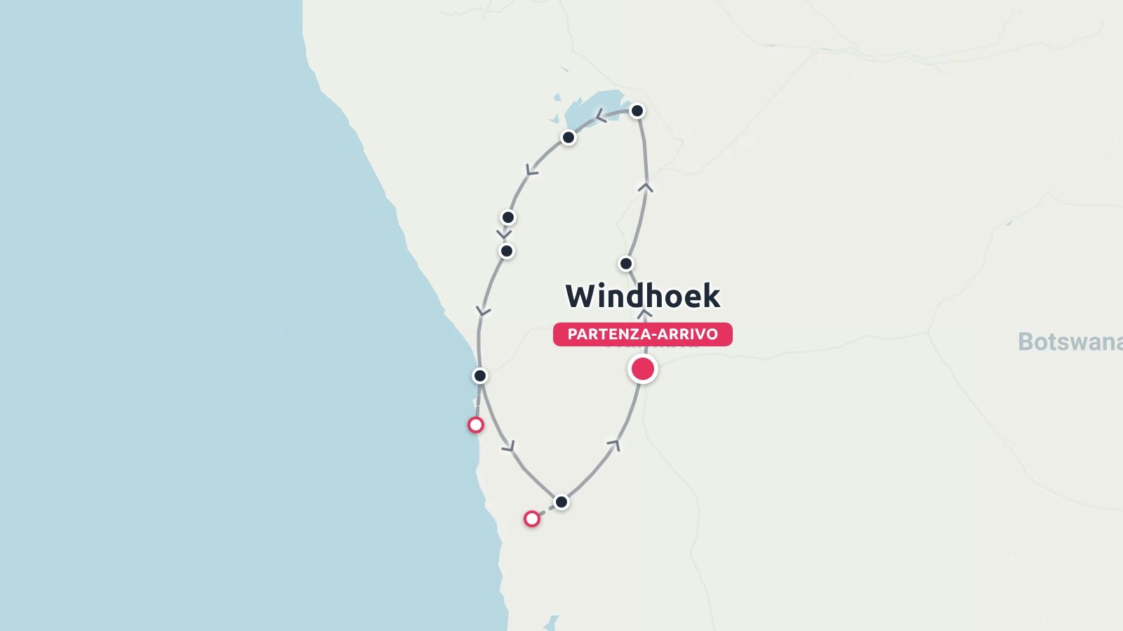Una mappa di itinerario di viaggio che mostra un percorso circolare con partenza e arrivo a Windhoek, adiacente al Botswana.
