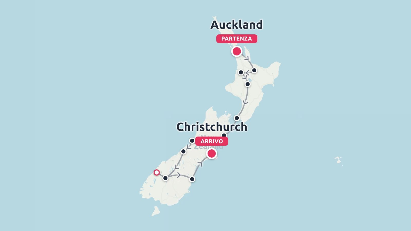 Mappa dell'itinerario di viaggio della Nuova Zelanda che mostra un percorso che inizia ad Auckland e termina a Christchurch.
