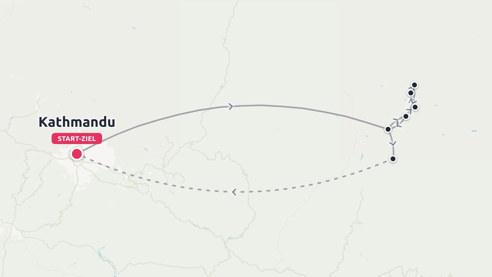Reiseroutekarte mit Start und Ziel in Kathmandu und Zwischenstopps entlang eines Bergpfads nach Osten