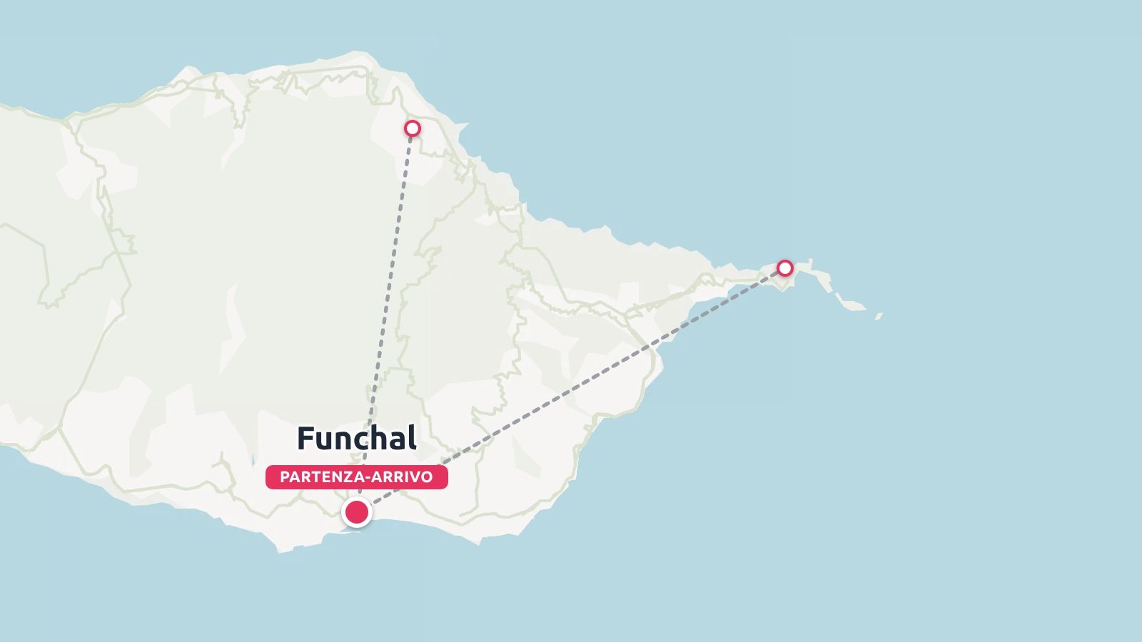 Una mappa del percorso di viaggio che mostra un itinerario sull'isola di Madeira con partenza e arrivo a Funchal e linee tratteggiate di collegamento.