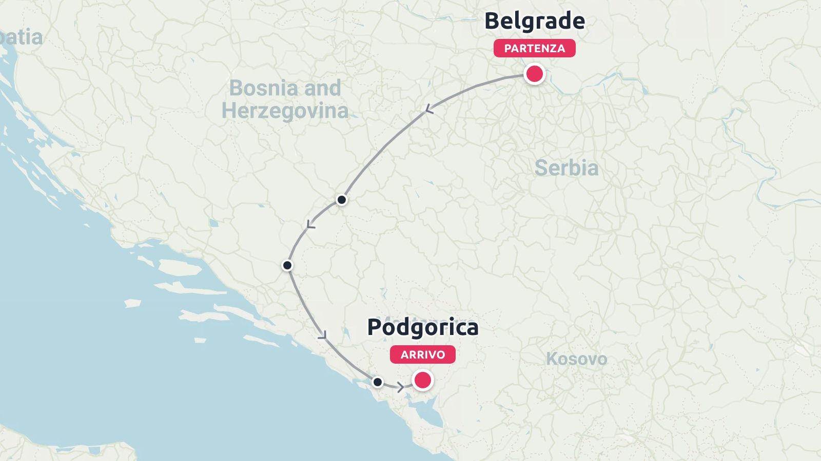 Mappa dell'itinerario di viaggio che mostra un percorso curvo da Belgrado a Podgorica attraverso i Balcani