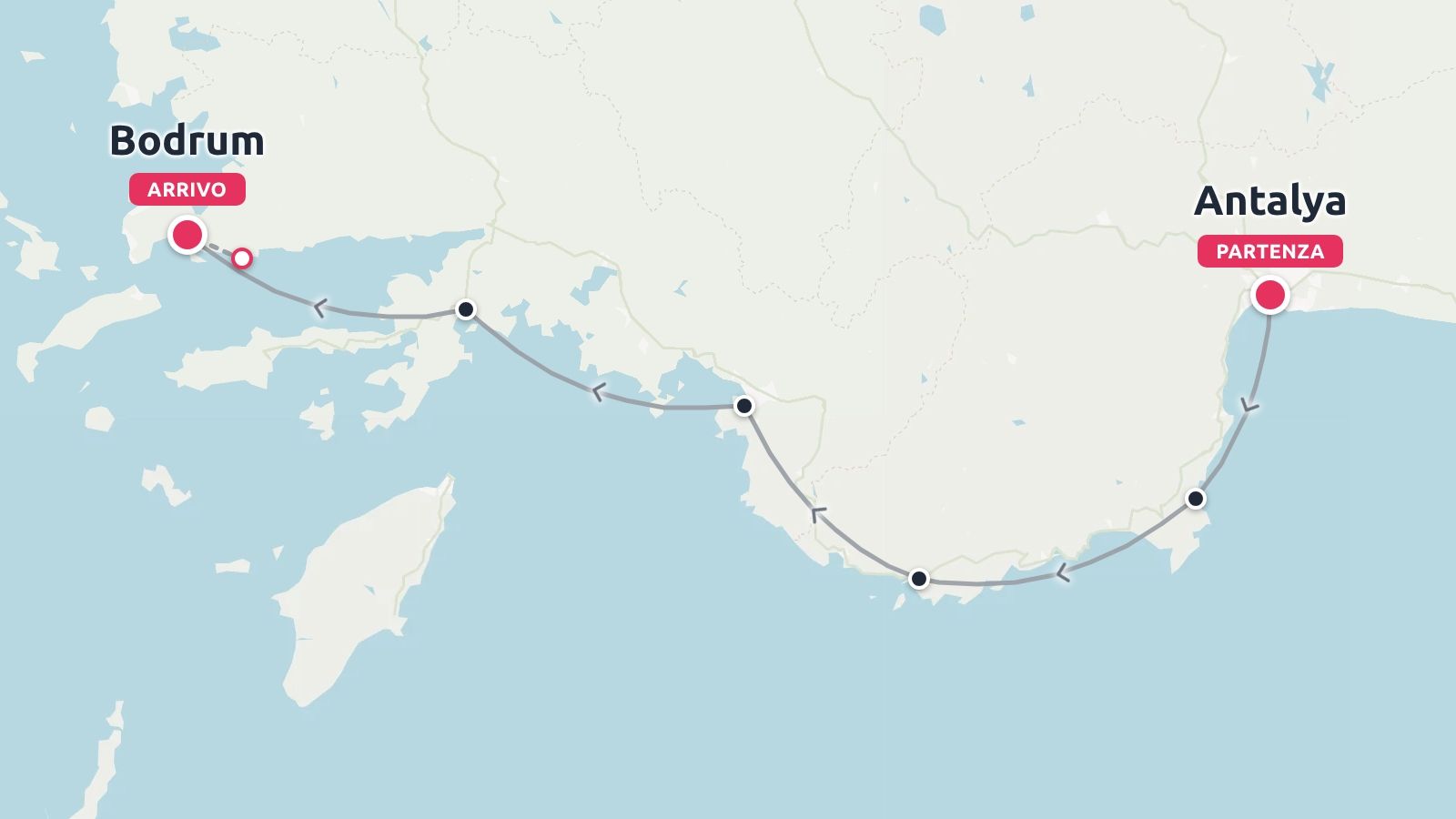 Una mappa dell'itinerario di viaggio che mostra un percorso costiero con partenza da Antalya e arrivo a Bodrum.