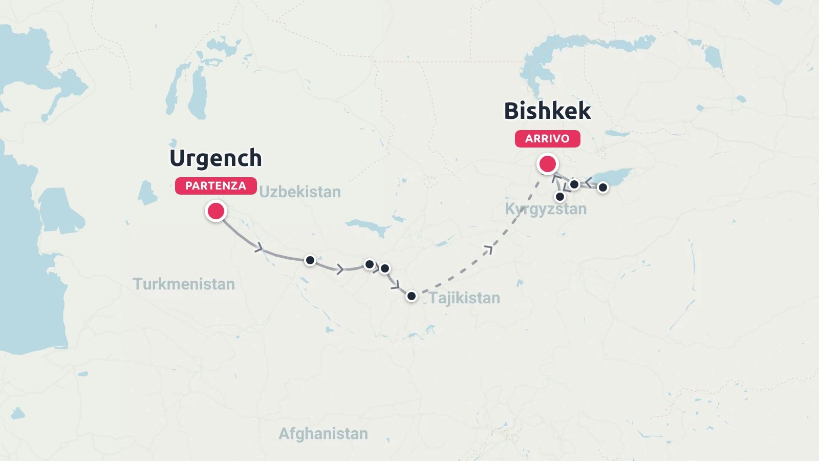 Una mappa dell'itinerario di viaggio da Urgench, in Uzbekistan, attraverso il Tagikistan fino a Bishkek, in Kirghizistan.