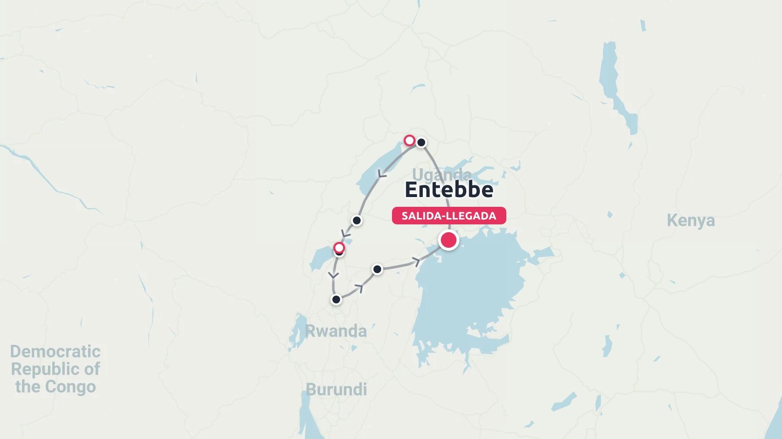Una ruta de viaje por Uganda con salida y llegada en Entebbe, cerca del lago Victoria y Ruanda.