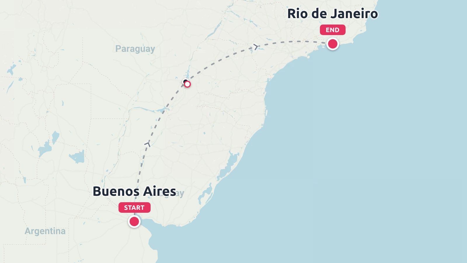 A travel route map starting in Buenos Aires and ending in Rio de Janeiro with a dashed flight path.