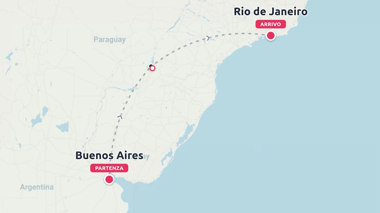 Una mappa dell'itinerario di viaggio che mostra una rotta di volo da Buenos Aires a Rio de Janeiro con una fermata intermedia.